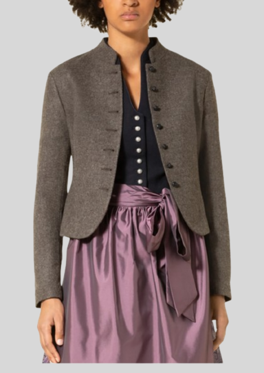 Classic Oktoberfest wool jacket for women with Bavarian embroidery and tailored fit.