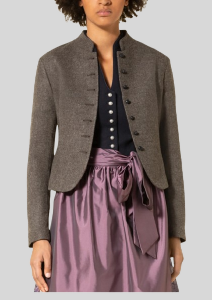 Classic Oktoberfest wool jacket for women with Bavarian embroidery and tailored fit.