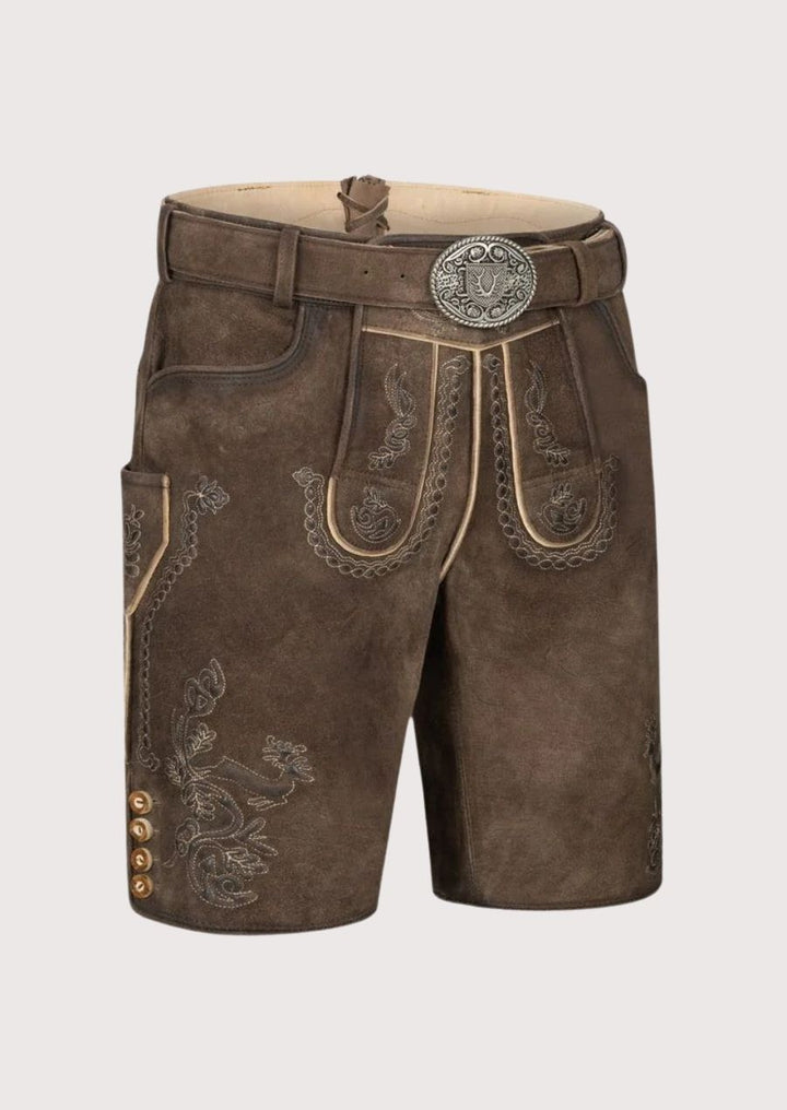 Traditional Bavarian lederhosen with intricate embroidery and silver-colored buttons for an authentic look.