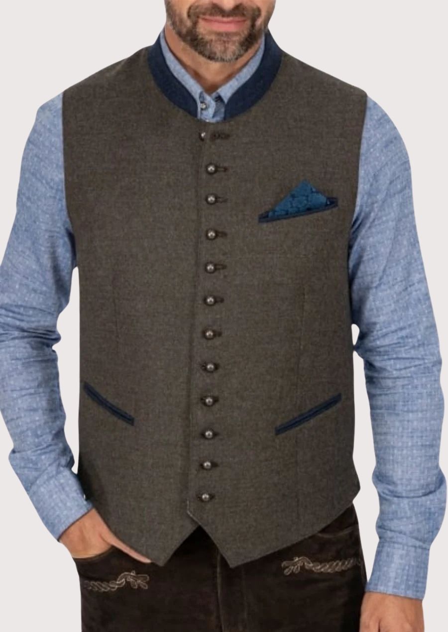 Men's Bavarian vest with a tailored fit and elegant button accents, ideal for Oktoberfest and fall festivals.