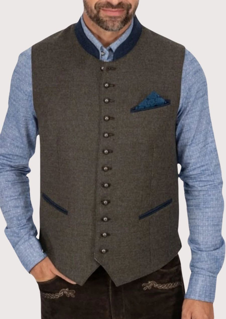 Men's Bavarian vest with a tailored fit and elegant button accents, ideal for Oktoberfest and fall festivals.