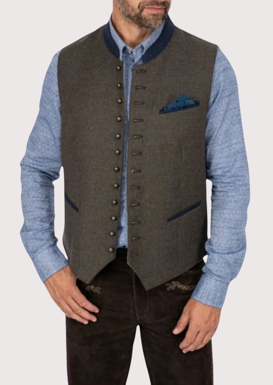 Stylish Bavarian vest for fall events, crafted from high-quality wool with blue accents and tailored fit.