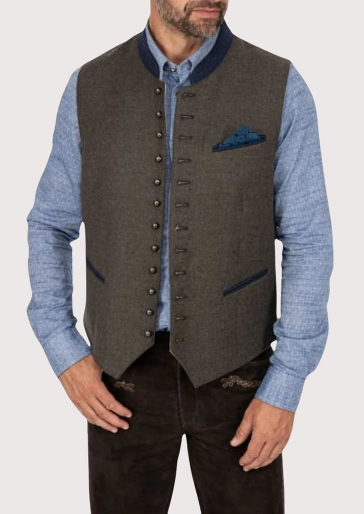 Stylish Bavarian vest for fall events, crafted from high-quality wool with blue accents and tailored fit.