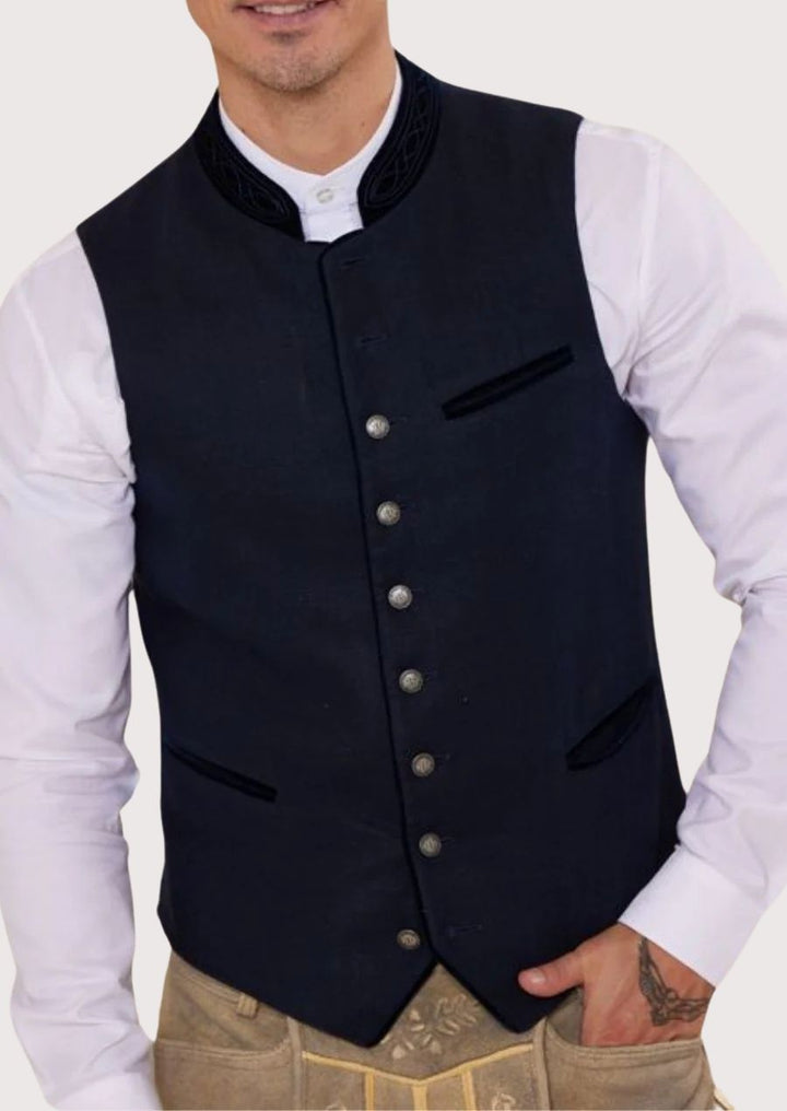 Men’s Trachten Vest featuring silver-tone buttons and velvet pocket trims, ideal for Oktoberfest and formal Bavarian attire.
