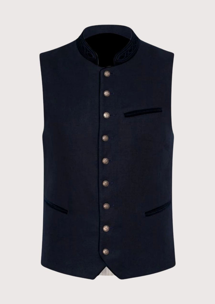 German Trachten Vest in navy with velvet accents, perfect for Oktoberfest, cultural events, and traditional Bavarian celebrations.