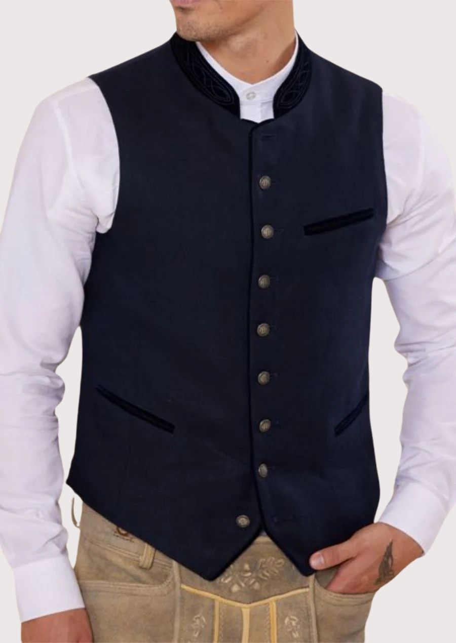 Authentic German Trachten Vest for men with tailored fit and elegant velvet detailing, perfect for Oktoberfest and traditional festivals.