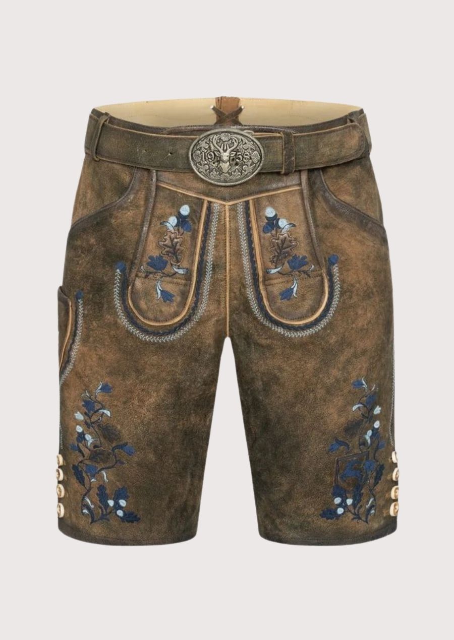 Authentic Bavarian Lederhosen for men with blue floral embroidery