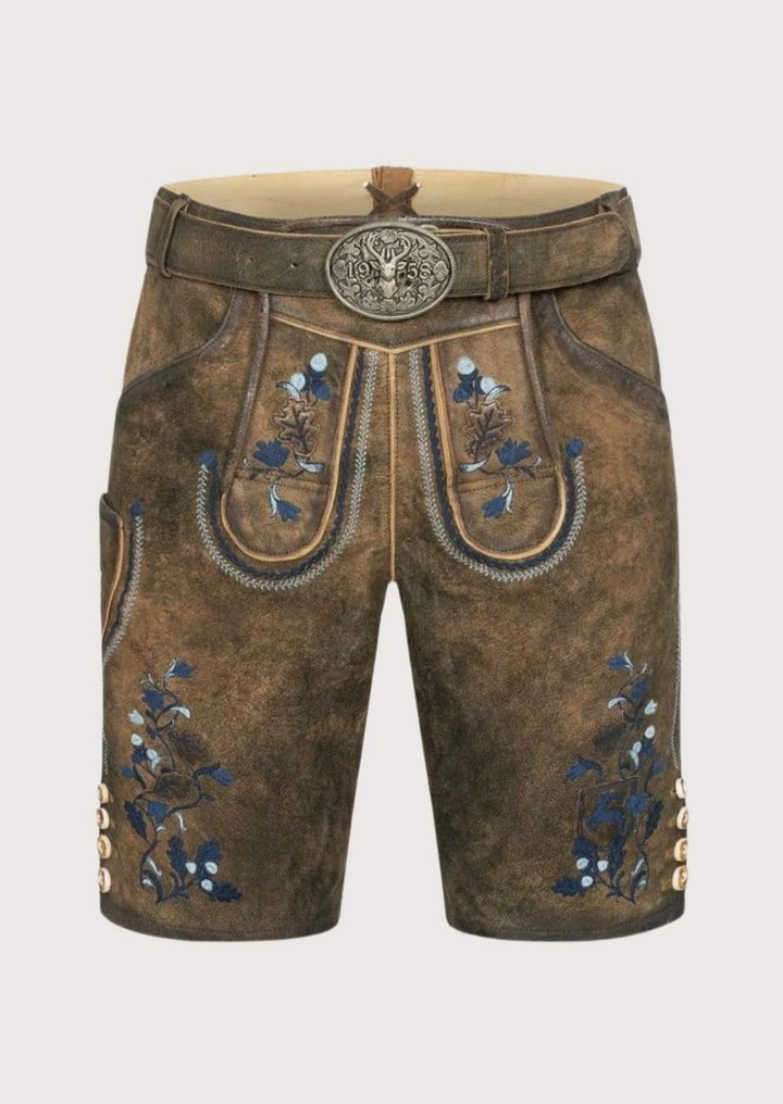 Authentic Bavarian Lederhosen for men with blue floral embroidery