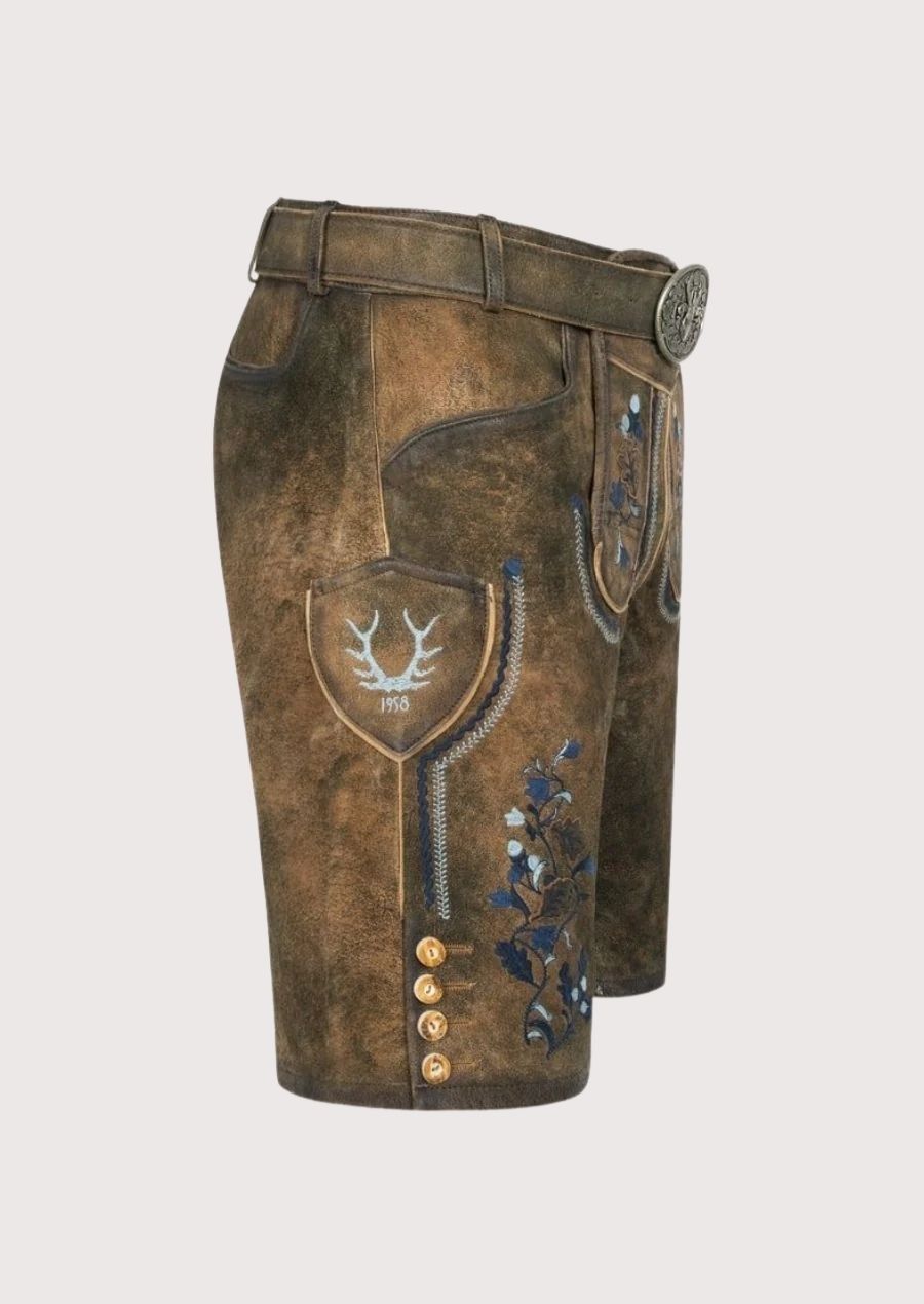 Men's embroidered Lederhosen with vintage deer buckle belt
