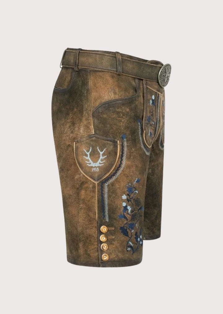 Men's embroidered Lederhosen with vintage deer buckle belt