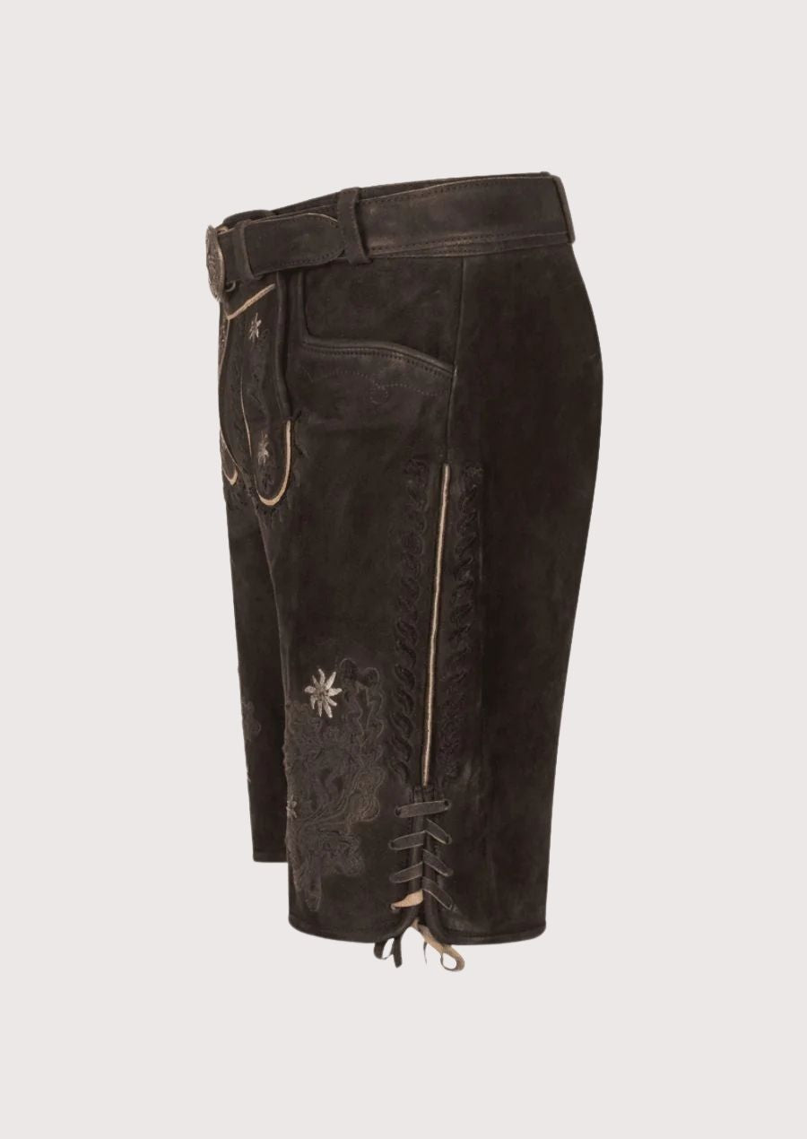 High-Quality Suede Lederhosen for Men Featuring Edelweiss Stitching and Heritage Belt