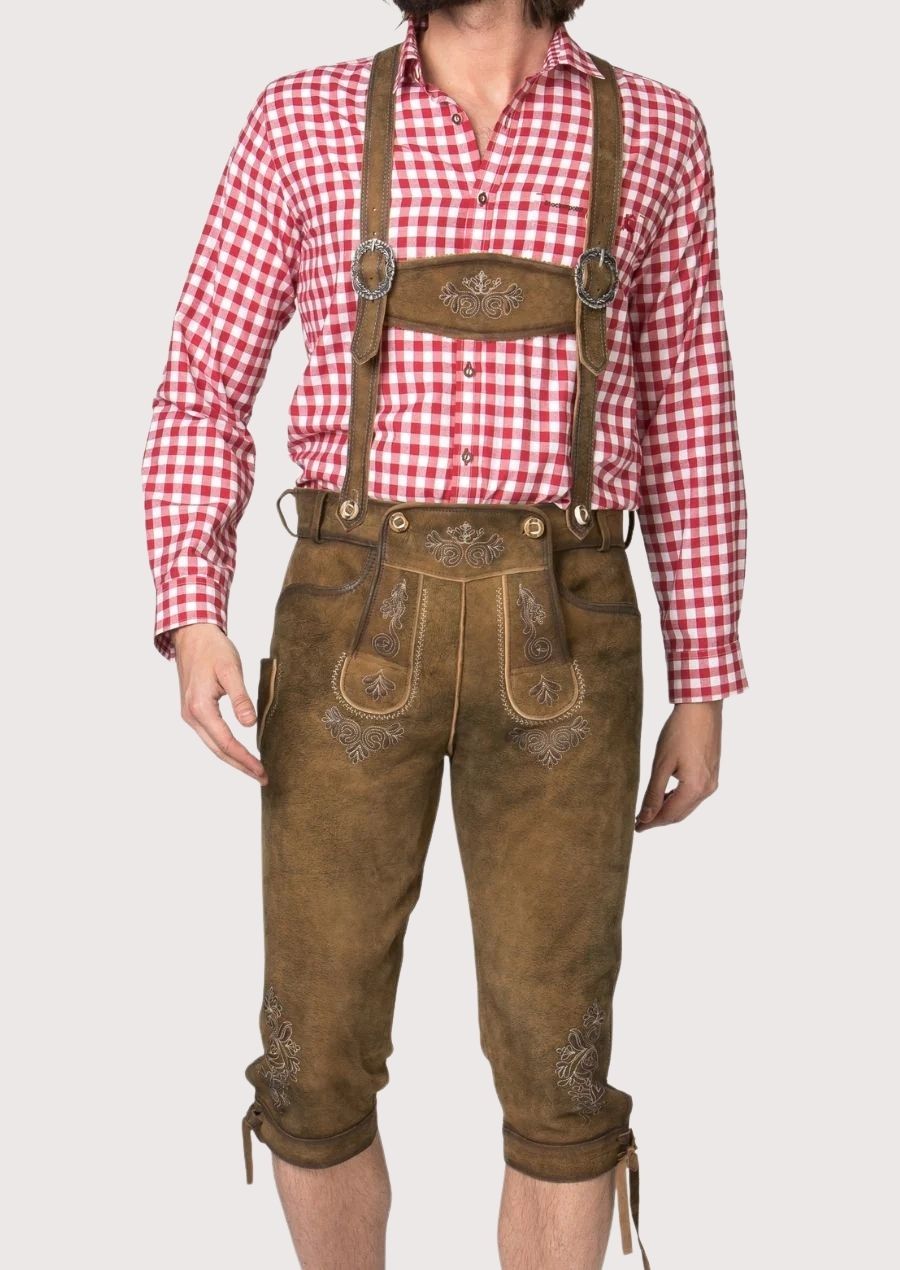 Luxury Men's Bundhosen – Premium leather pants with intricate hand-stitched embroidery, ideal for winter outdoors and festivals.