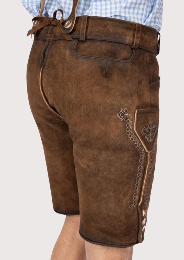 Timeless Men's Lederhosen with floral embroidery and high-quality leather, ideal for Oktoberfest, German weddings, and cultural festivals.