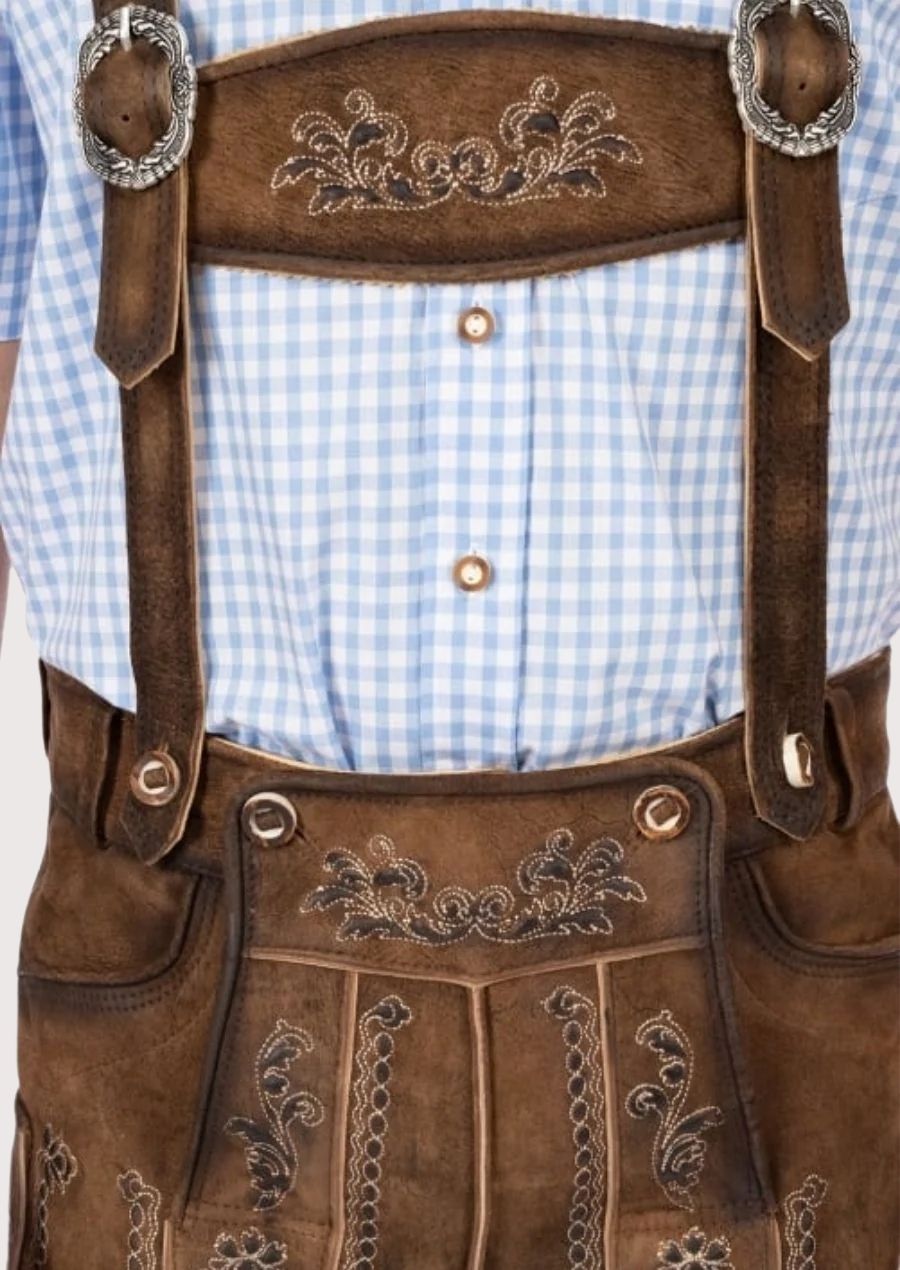 German-style Lederhosen for men, designed with floral embroidery and adjustable features, ideal for Oktoberfest, weddings, and festivals.