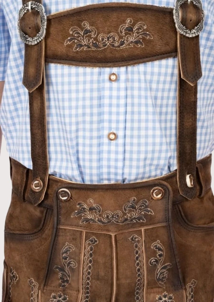 German-style Lederhosen for men, designed with floral embroidery and adjustable features, ideal for Oktoberfest, weddings, and festivals.
