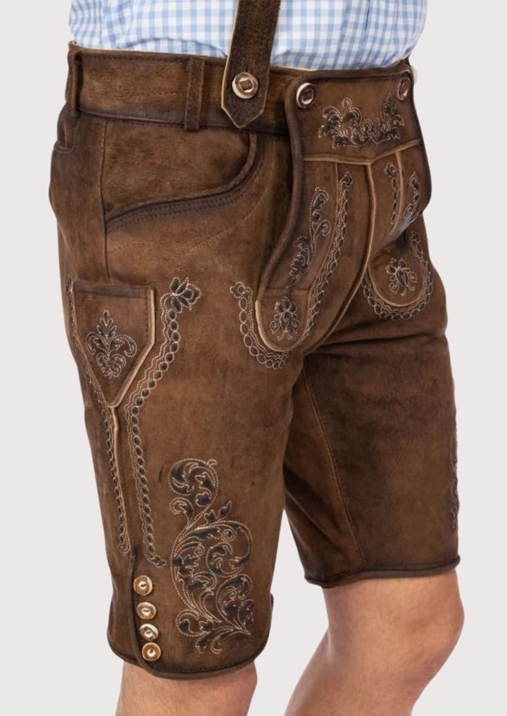 Premium leather men's Lederhosen, perfect for Oktoberfest and traditional events, with antique buckle and floral accents for a stylish look.