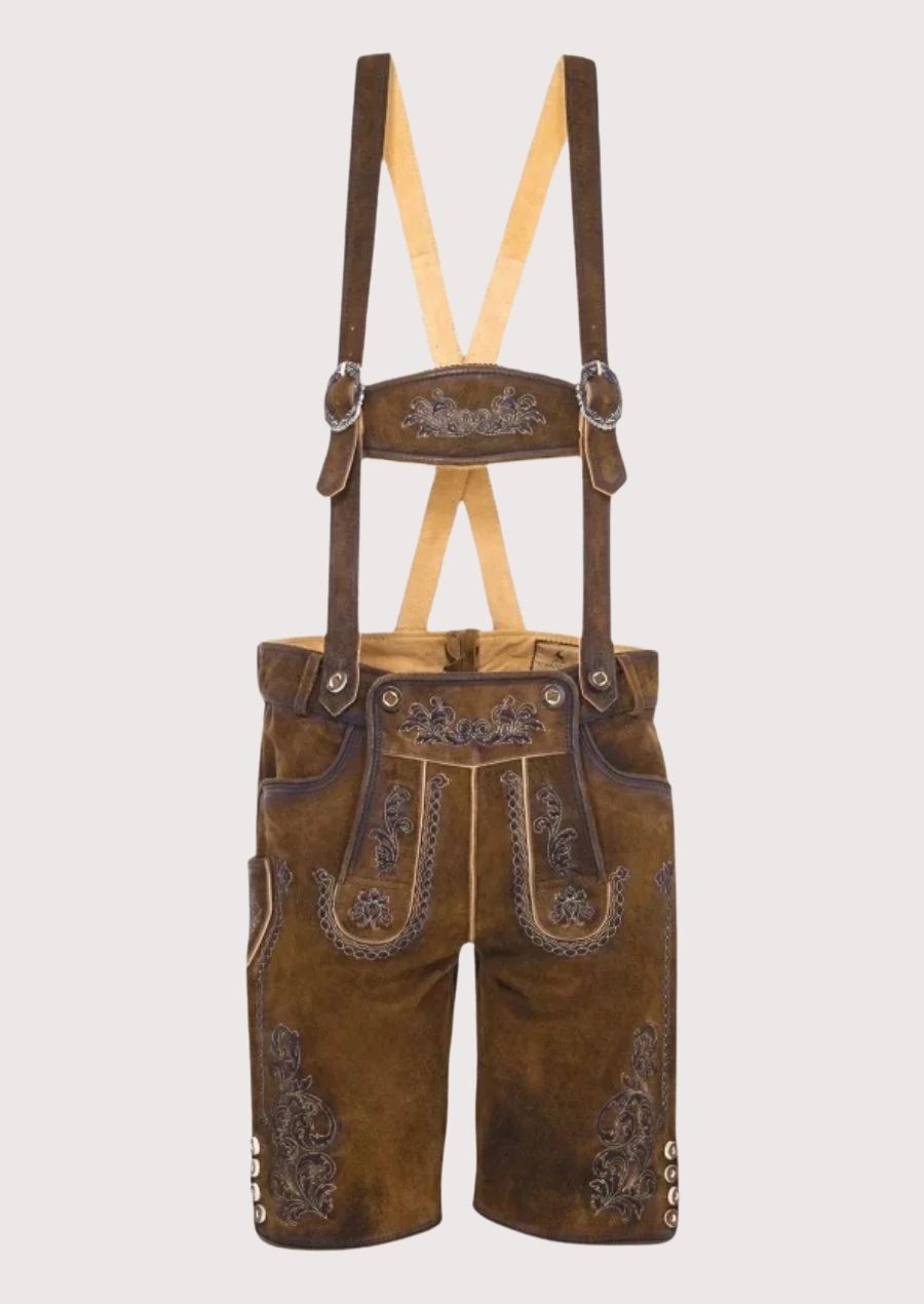 Men's Lederhosen – Premium leather with floral embroidery, ideal for Oktoberfest and German cultural festivals.