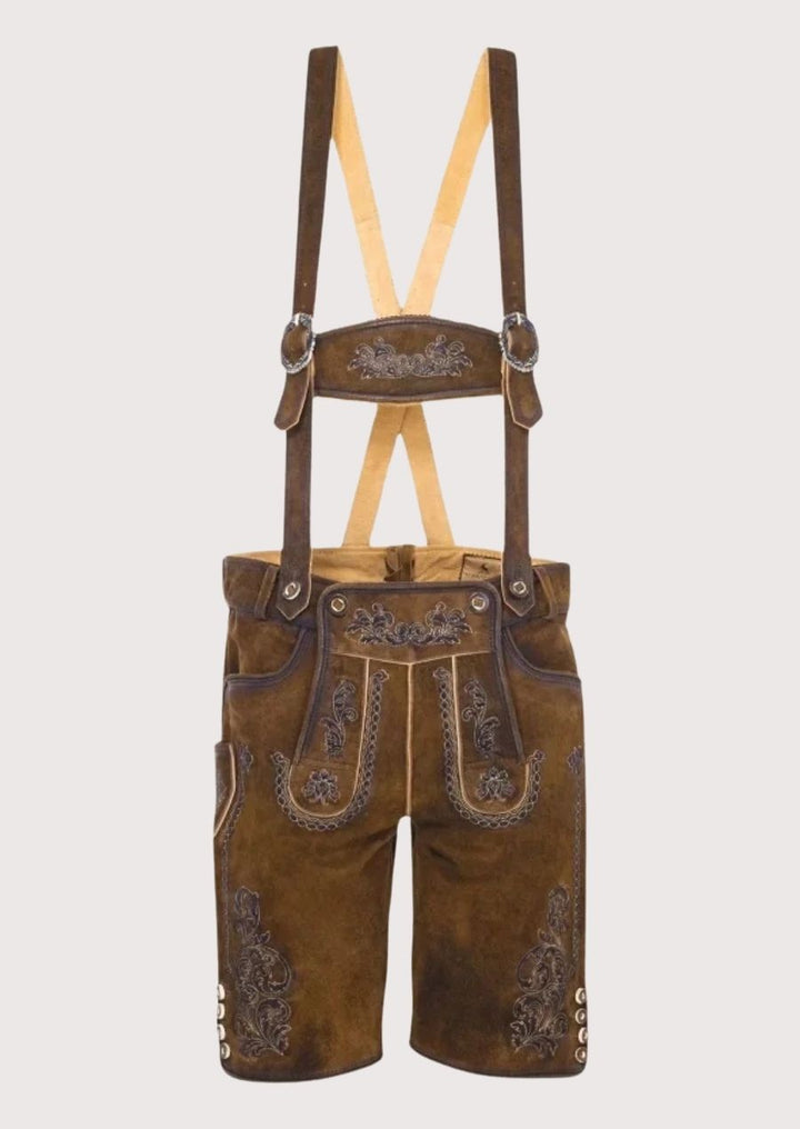 Men's Lederhosen – Premium leather with floral embroidery, ideal for Oktoberfest and German cultural festivals.