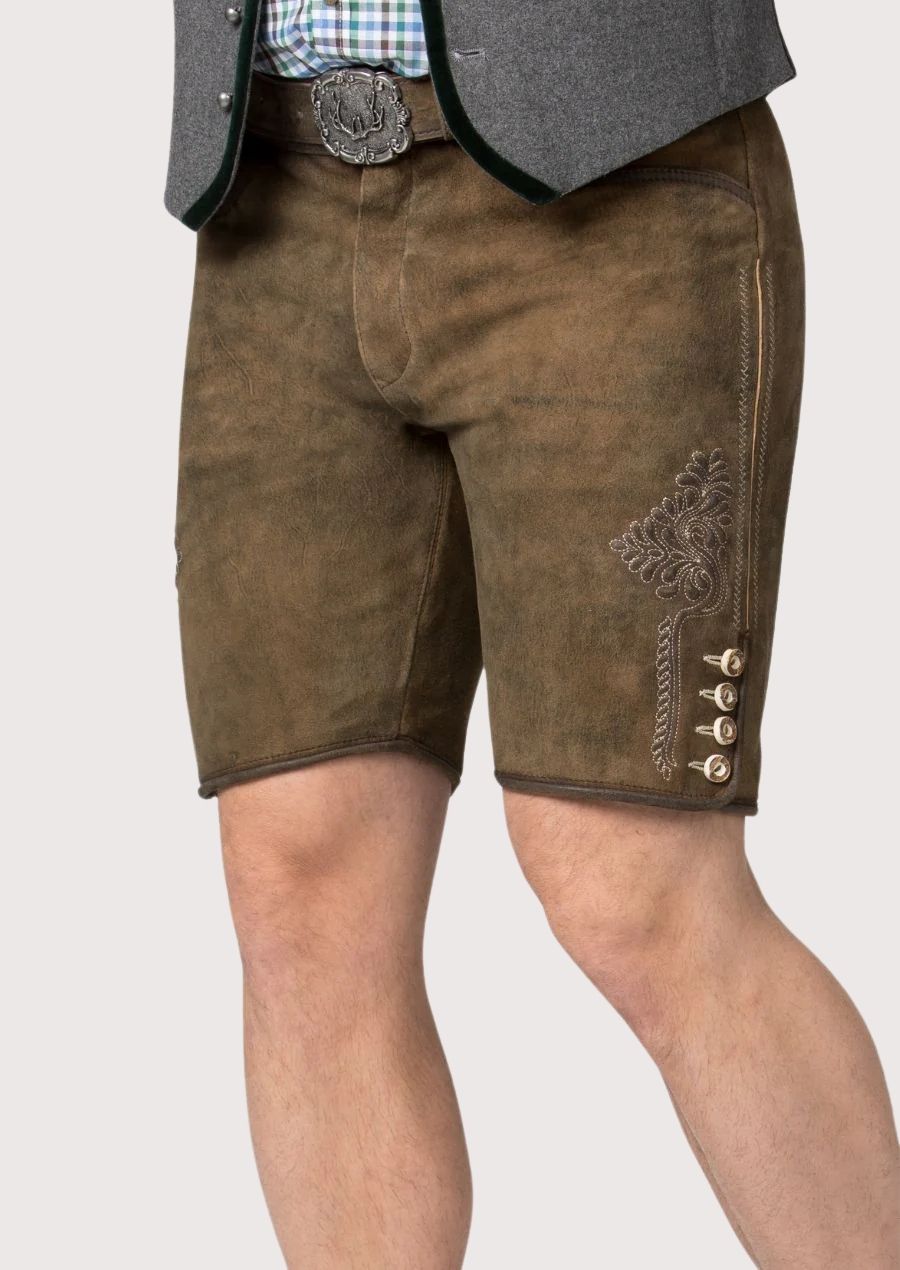 Traditional Bavarian Lederhosen for men featuring intricate embroidery and silver button details, perfect for cultural festivals.