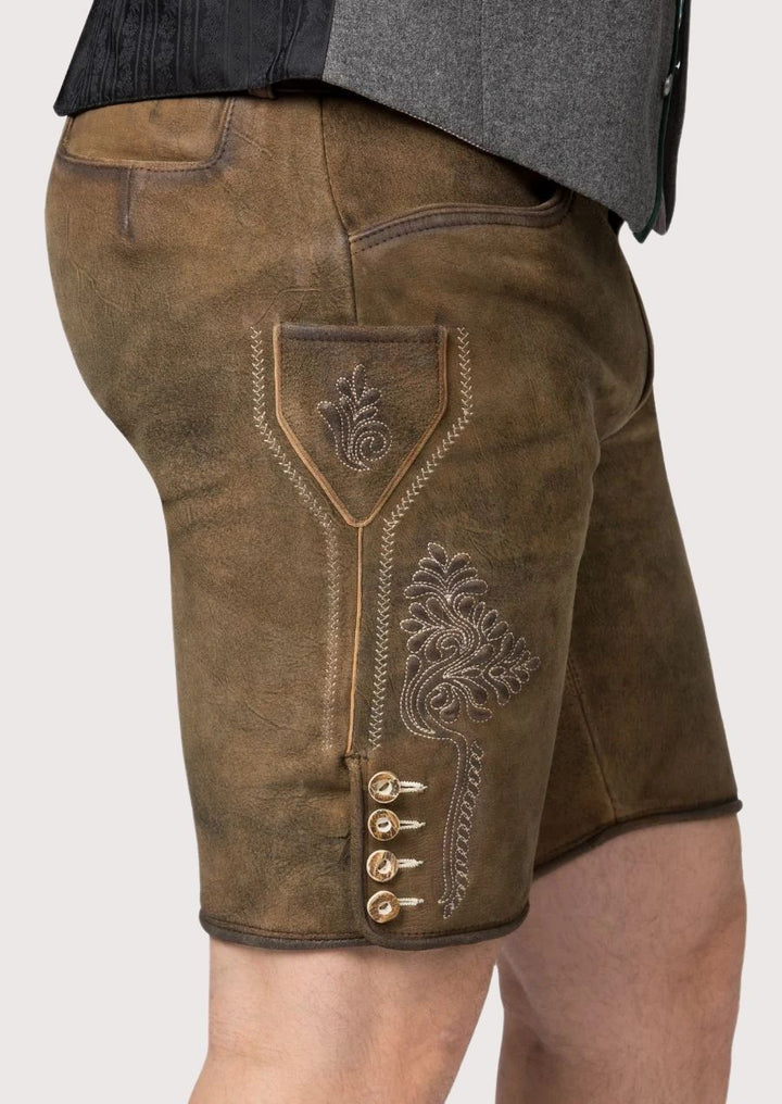 Stylish men's lederhosen made from premium leather with elegant embroidery – perfect for Oktoberfest and traditional events.