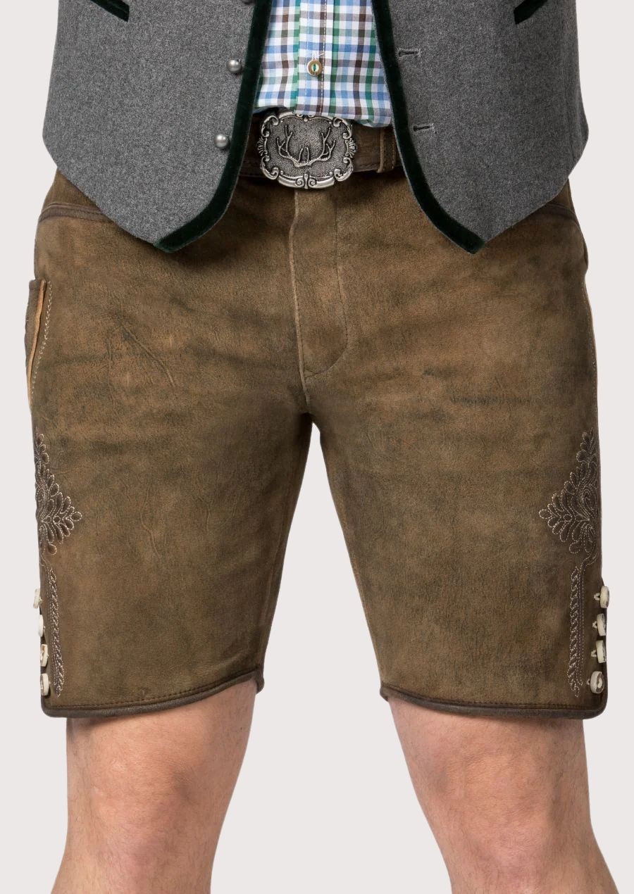 Authentic German-style Lederhosen for men with detailed embroidery and durable leather, ideal for Oktoberfest celebrations.