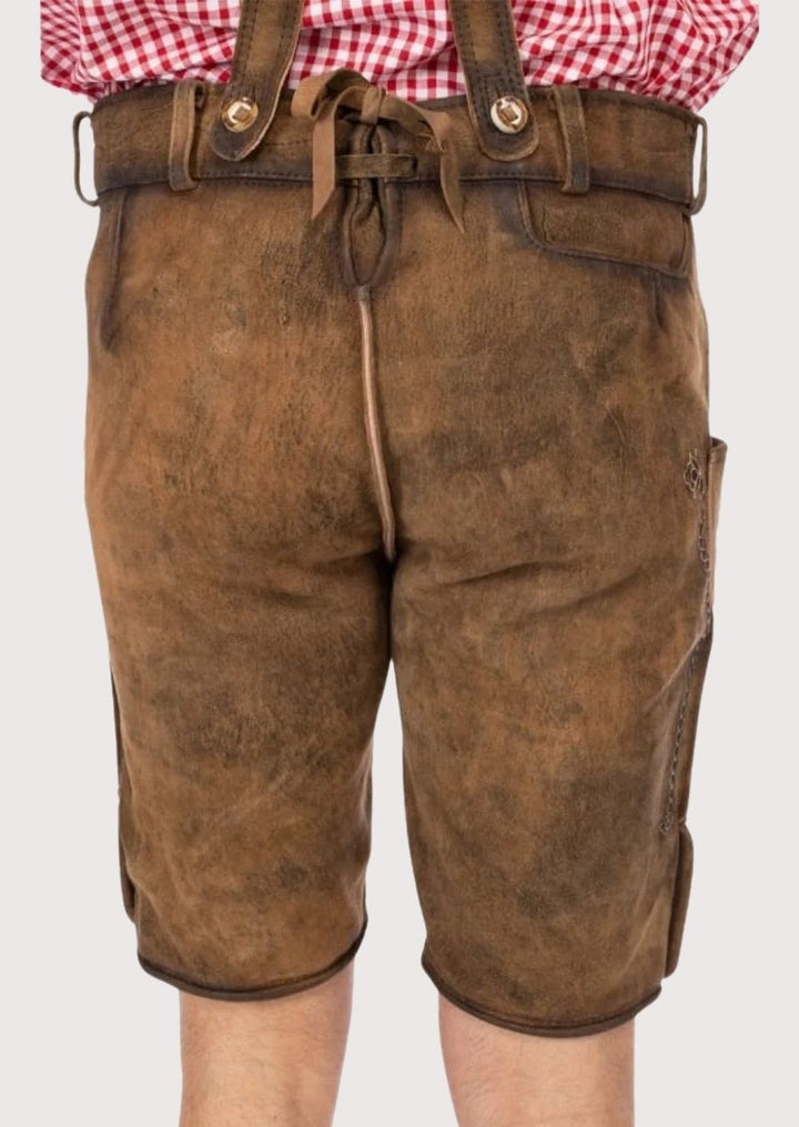 Men's premium leather Lederhosen, ideal for Oktoberfest, with adjustable suspenders and luxurious embroidery for a classic Bavarian look.