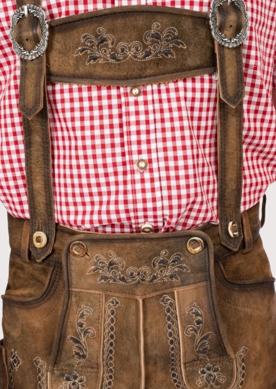 Men's Bavarian Lederhosen with adjustable suspenders and antique buckle, ideal for Oktoberfest, weddings, and cultural festivals.