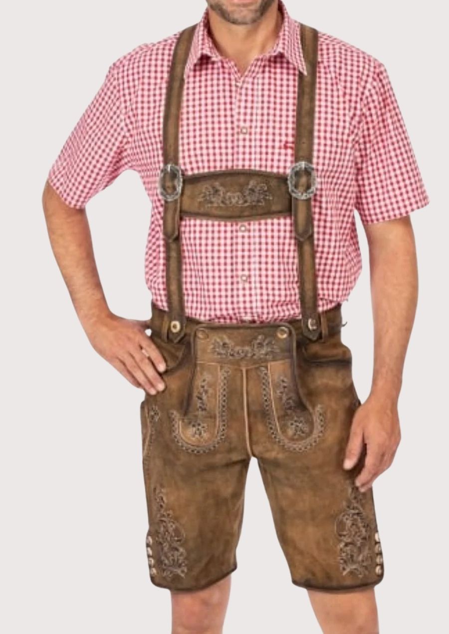 Luxury Men's Lederhosen featuring floral embroidery and high-quality leather, designed for Oktoberfest, German weddings, and festivals.