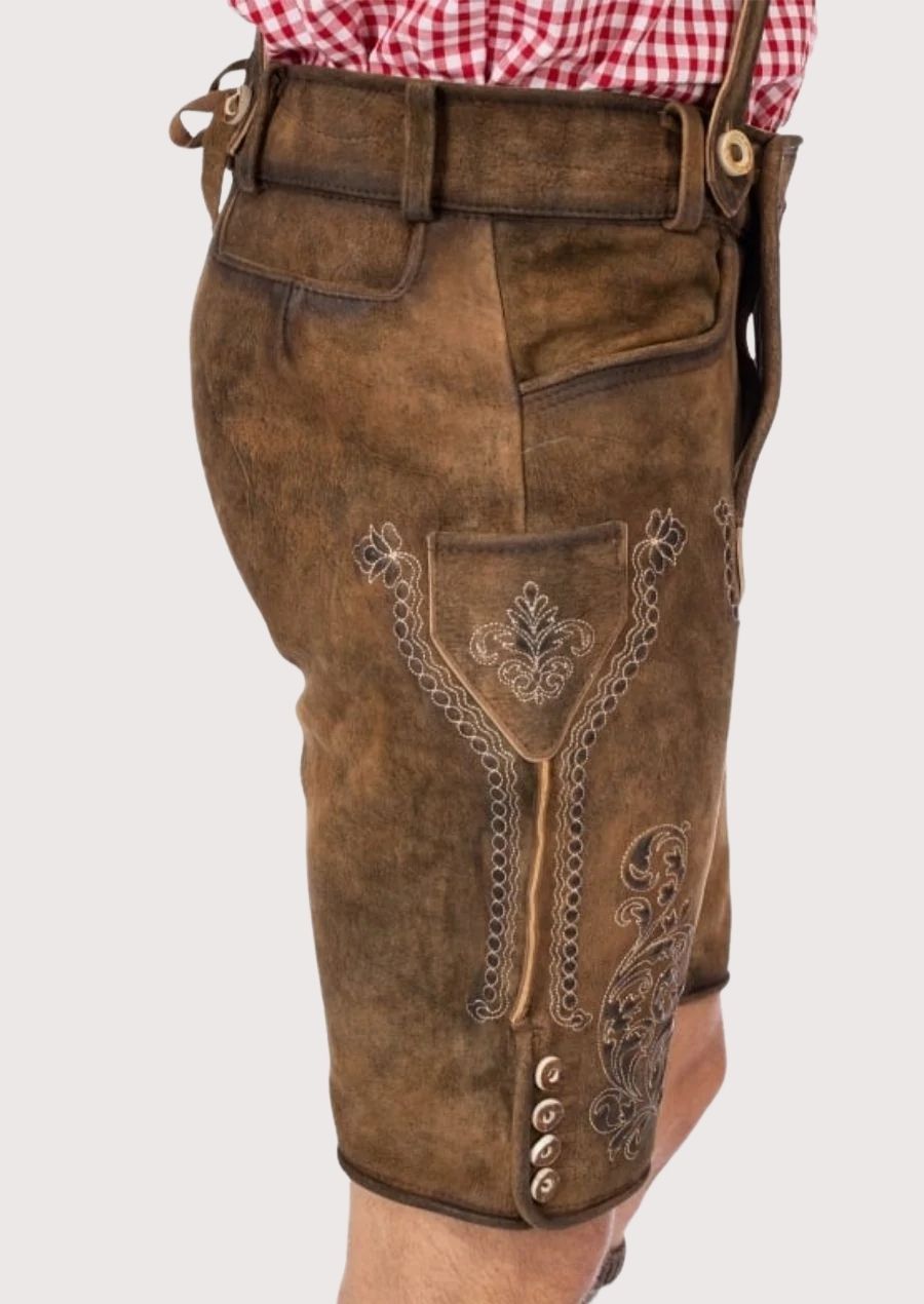 Men's Lederhosen with antique-style buckle and adjustable suspenders, perfect for Oktoberfest, weddings, and traditional celebrations.