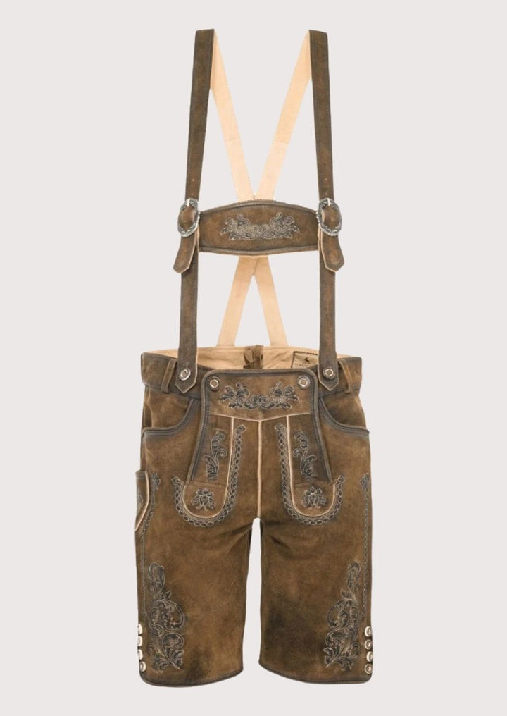 Traditional Men's Lederhosen – Premium leather with floral embroidery, perfect for Oktoberfest and cultural celebrations.