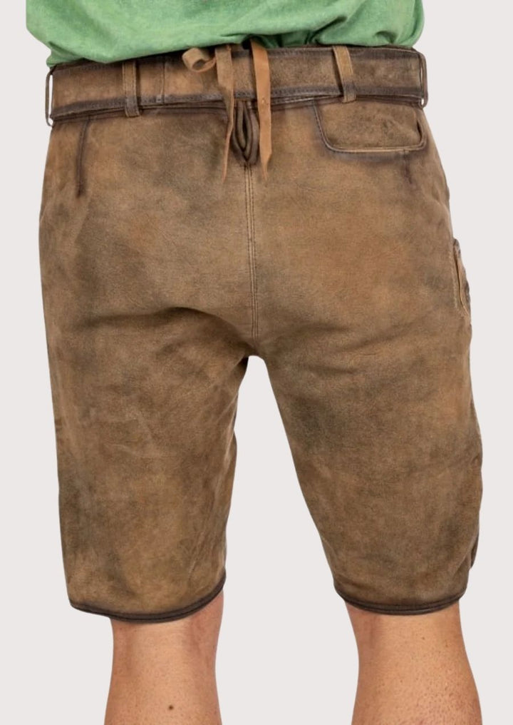 Handcrafted brown suede lederhosen shorts with Alpine embroidery
