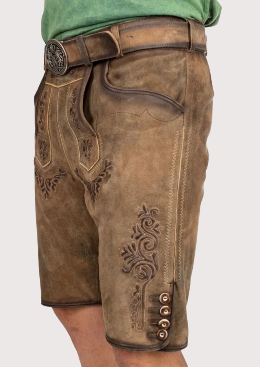 Men’s embroidered lederhosen with crown buckle – cultural Oktoberfest wear