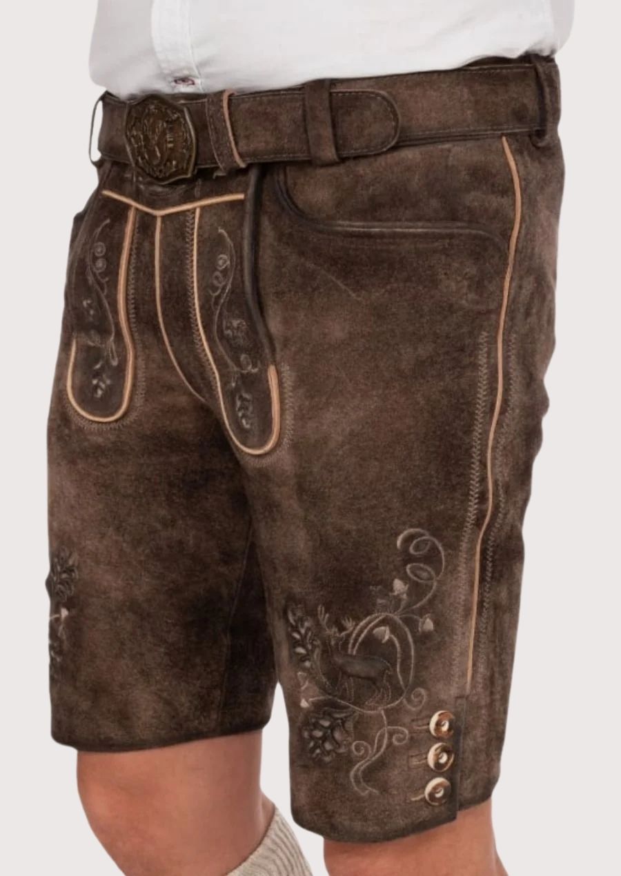 Luxury German Lederhosen for men, featuring adjustable fit, antique buckle, and floral detailing, ideal for Oktoberfest and traditional festivals.