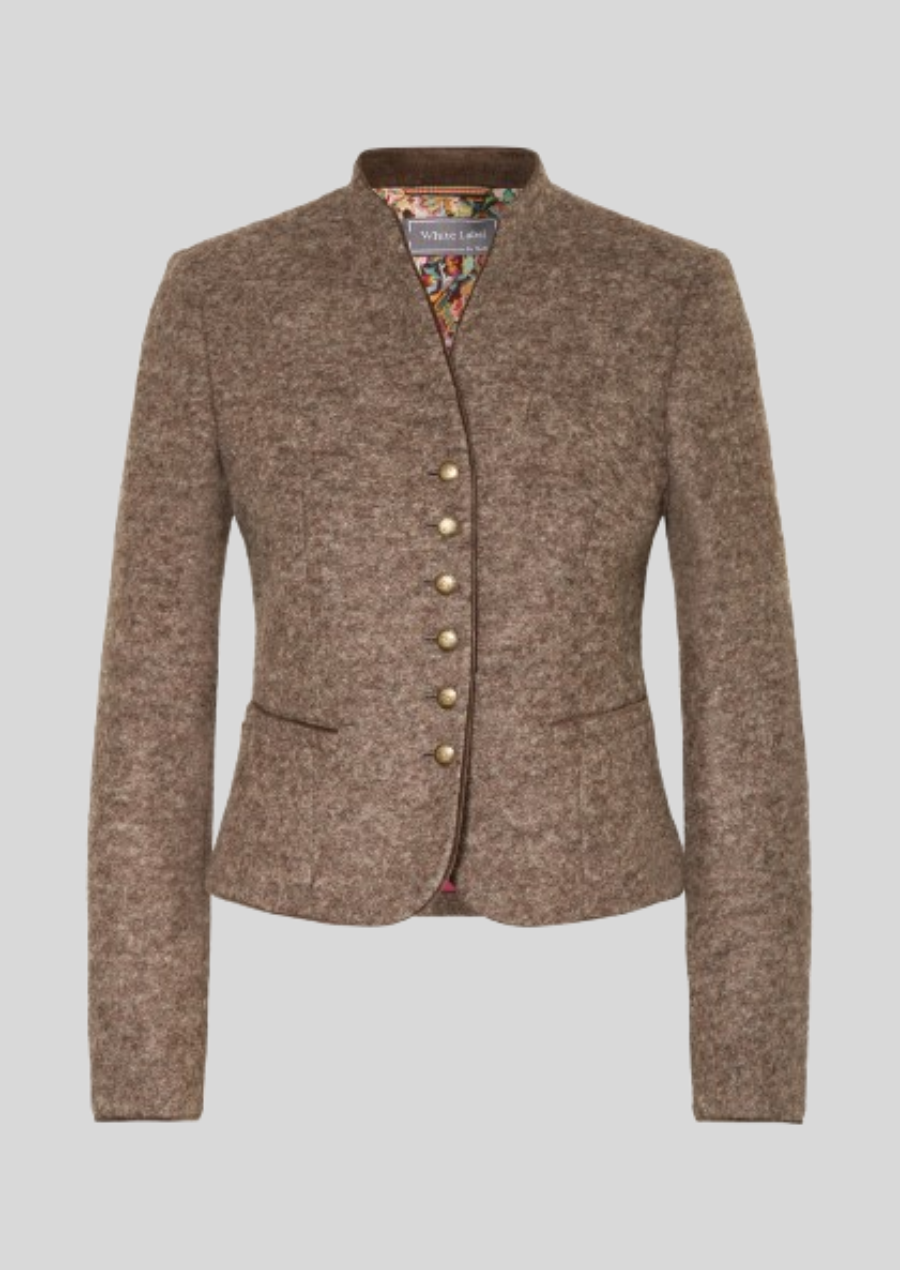 Classic Bavarian wool blazer for women with elegant embroidery and tailored fit.