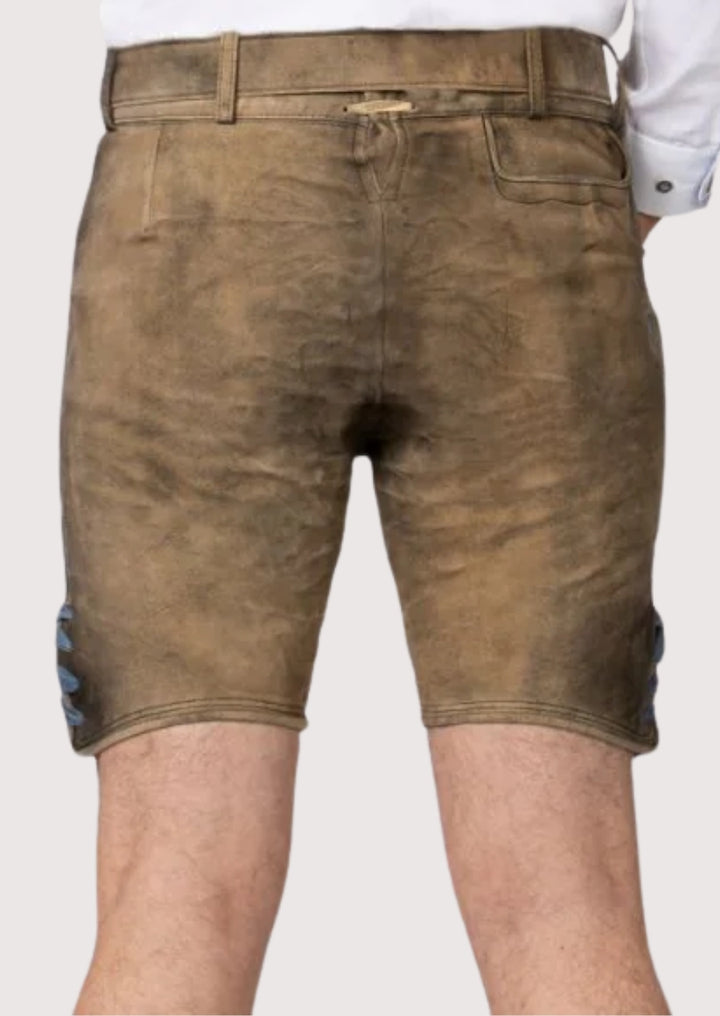 Alpine tan lederhosen floral blue embroidery leather shorts