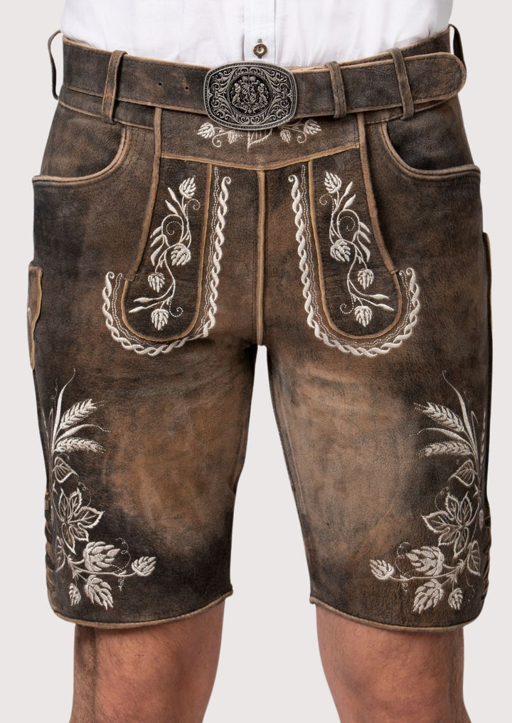 Antique brown lederhosen with Bavarian floral detail