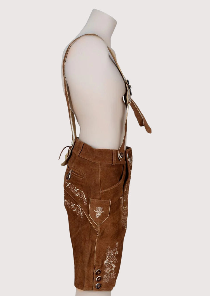 Premium brown German lederhosen shorts with ornate embroidery, heritage leather design perfect for traditional celebrations.