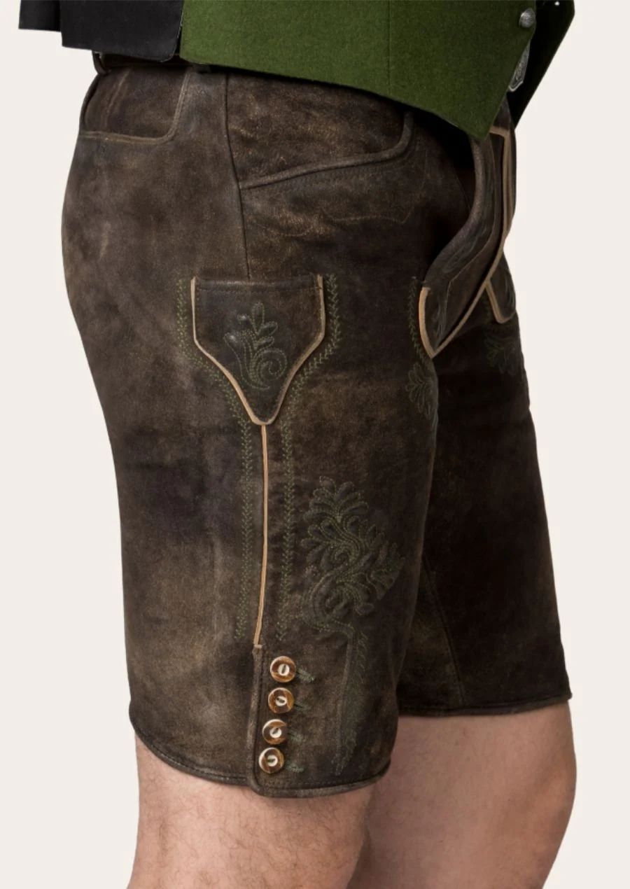Authentic dark leather lederhosen shorts featuring classic Bavarian embroidery and heritage design for festival wear.