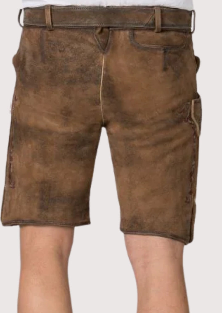 Authentic German lederhosen shorts in rustic brown leather