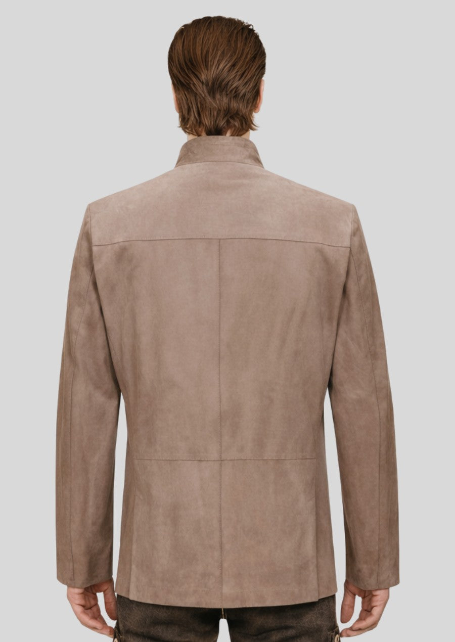Authentic German men’s jacket styled in alpine tradition with stand-up collar and smooth suede finish.