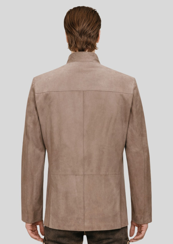 Authentic German men’s jacket styled in alpine tradition with stand-up collar and smooth suede finish.