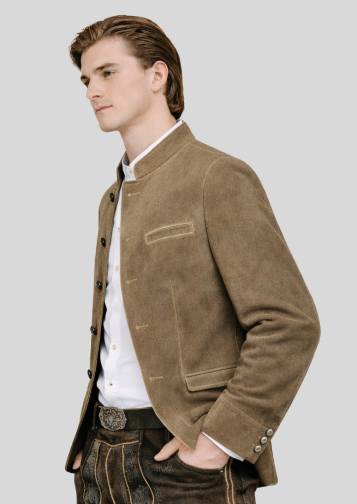 Authentic German trachten jacket in brown suede worn with lederhosen and a white traditional shirt.