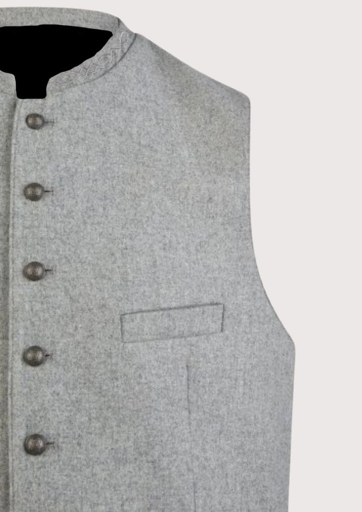 Grey wool Trachten vest with decorative buttons for festive German events.