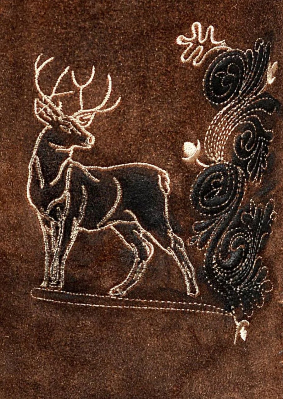 Authentic leather lederhosen shorts with embroidered stag motifs, traditional German festival wear design.