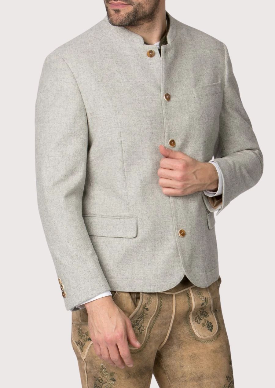 Classic Bavarian Trachten jacket in light grey wool – perfect for cool weather and heritage-inspired styling

