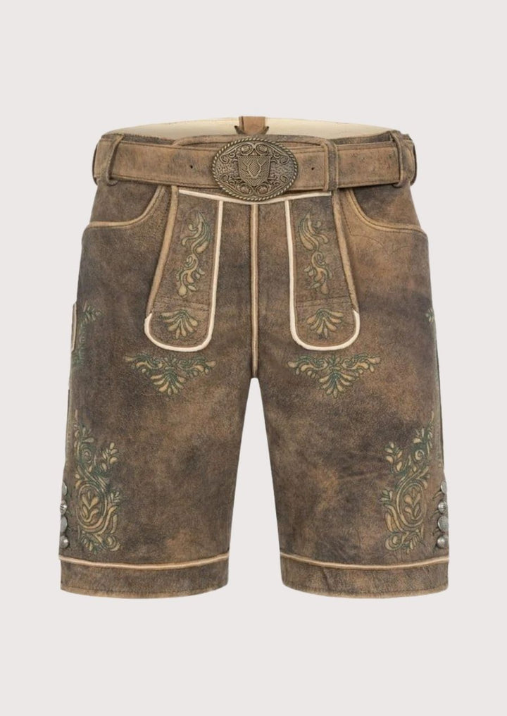 Authentic men's brown lederhosen with traditional green embroidery – perfect for Oktoberfest and German cultural celebrations.