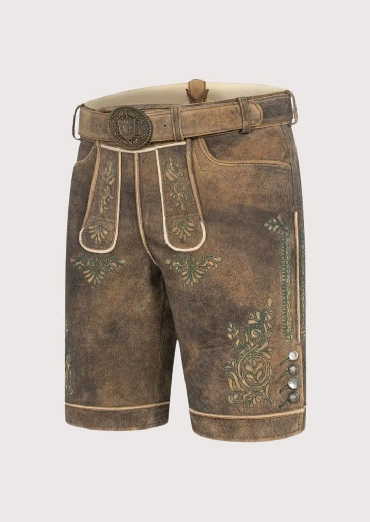 Premium Bavarian lederhosen for men featuring vintage brown leather and ornate floral embroidery for Oktoberfest style.