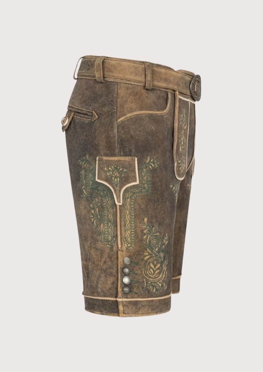 Classic men’s Bavarian shorts with green floral motifs and rustic finish – ideal for beer festivals and folk celebrations.