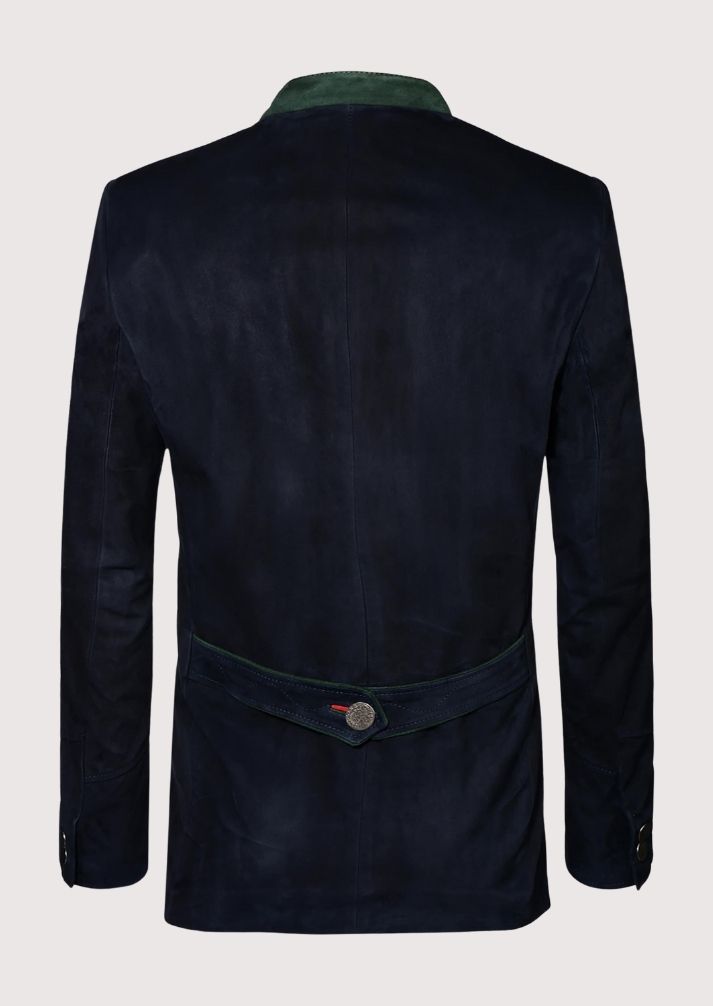 Elegant Authentic Trachten Jacket in navy with green accents and silver buttons, ideal for Oktoberfest and weddings.