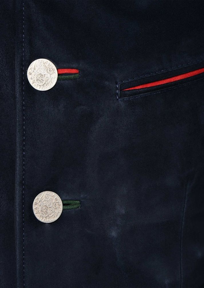 Men’s Bavarian Trachten Jacket featuring green collar and red lining, perfect for Oktoberfest and cultural festivals.